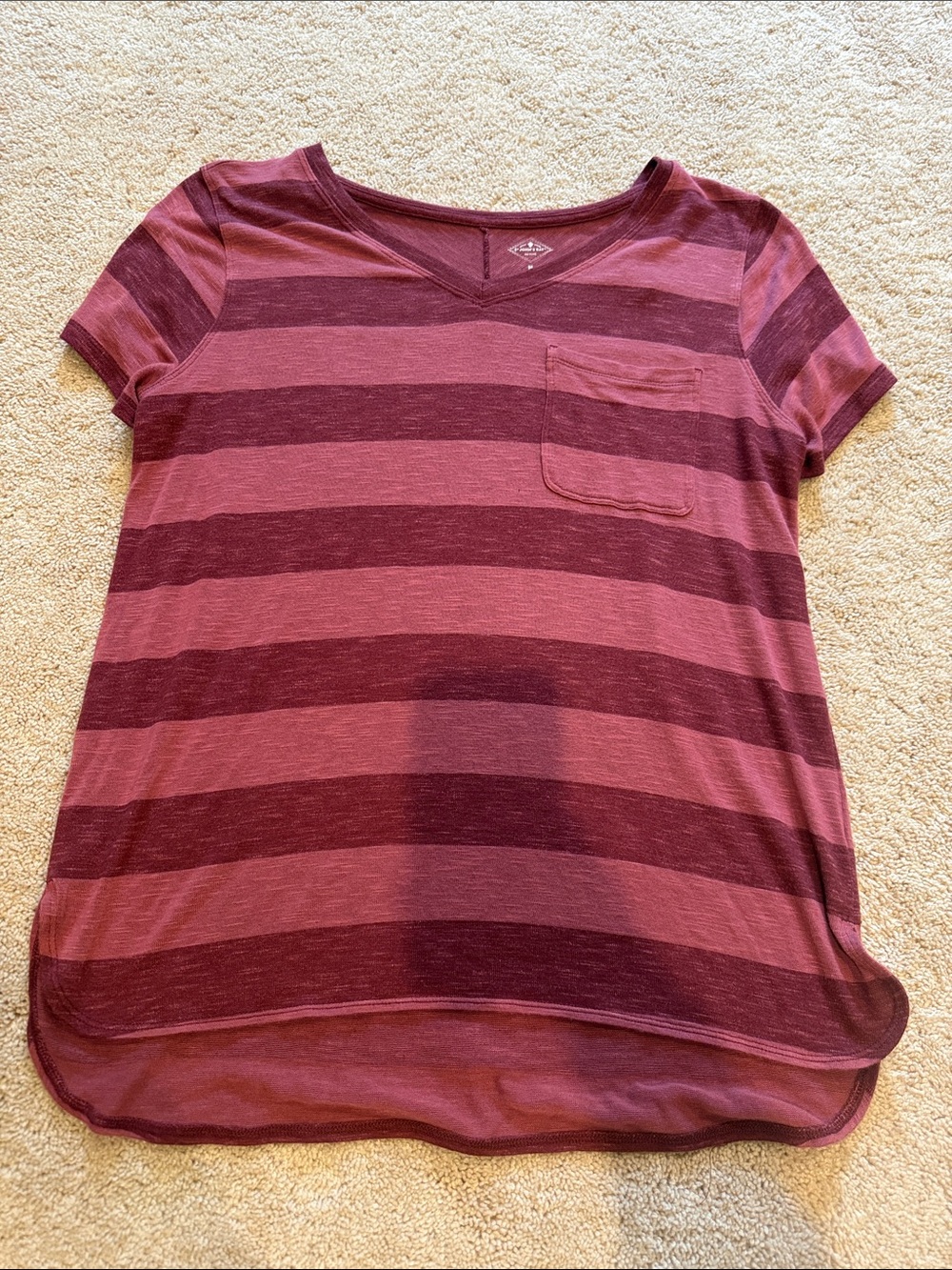 St. John's Bay Burgundy and Mauve Striped V-Neck Pocket Tee